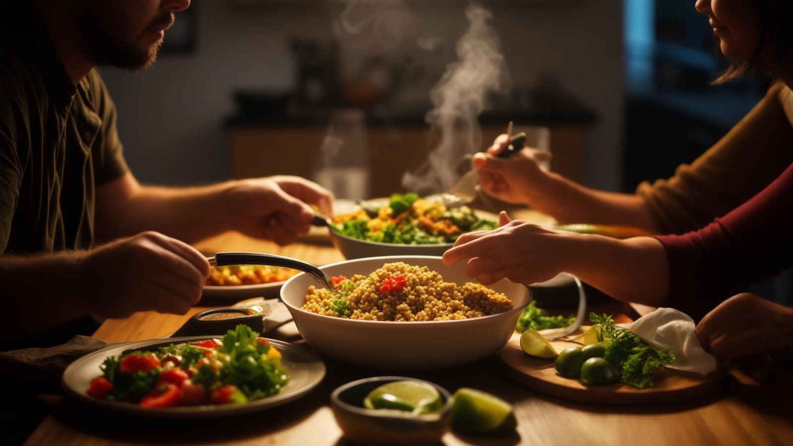Friends with varied body types sharing an everyday meal around a bright kitchen table