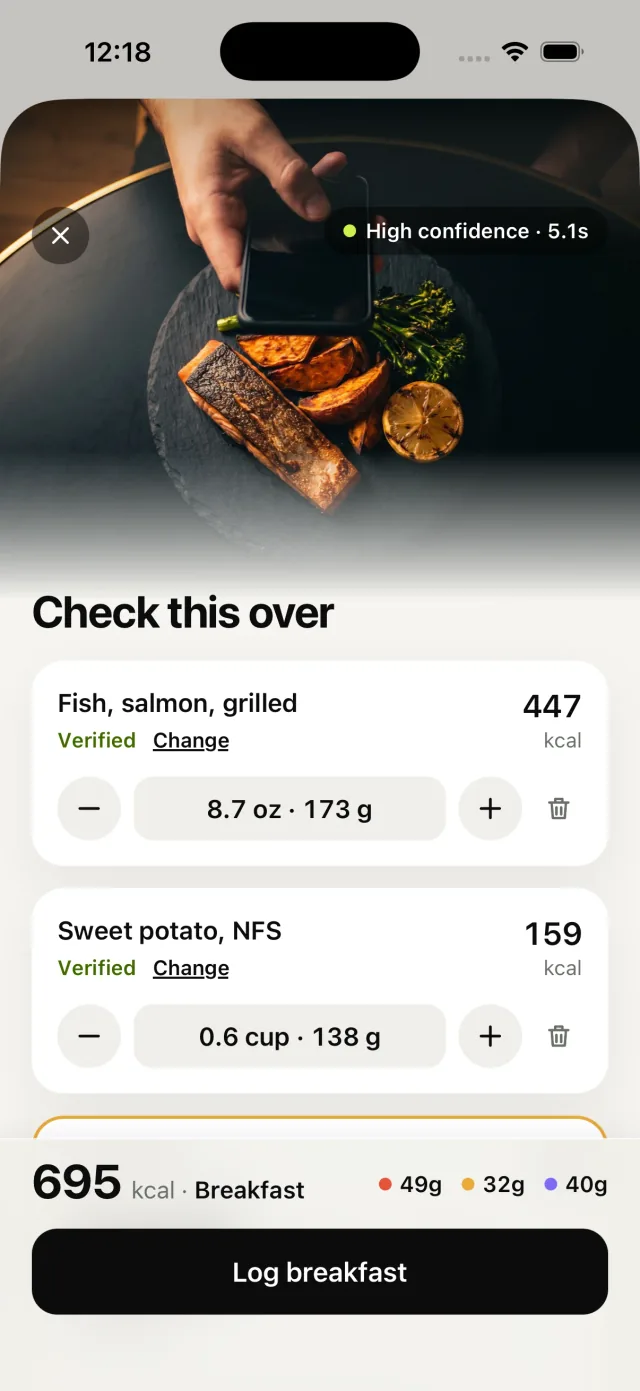 Tab review screen showing editable salmon and sweet potato portions